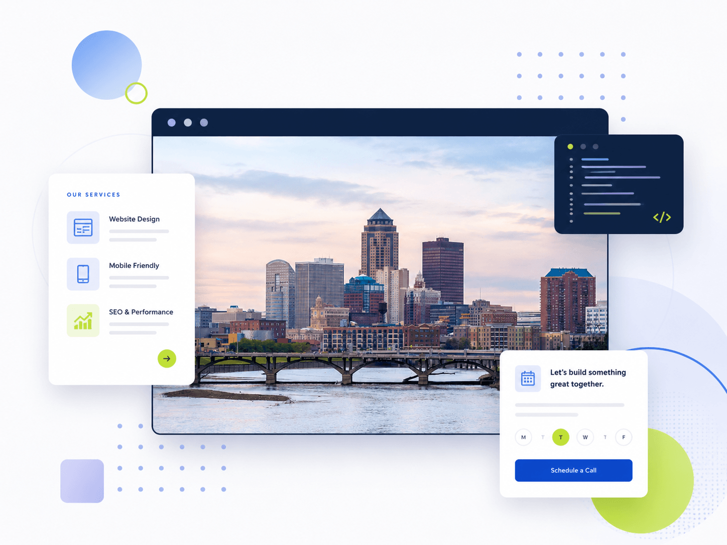 Illustration of the Des Moines skyline surrounded by website design and technology interface elements.